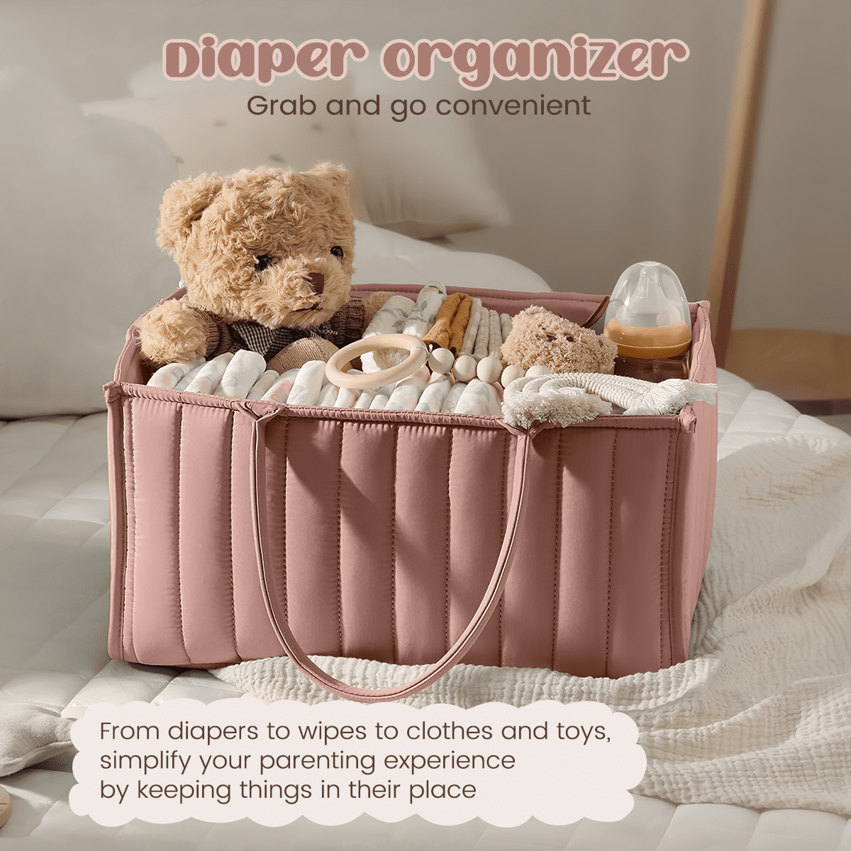 Stylish Baby Diaper Caddy Organizer, Baby Diaper Caddy Basket, Breathable & Washable - Storage Basket for Diapers, Car Caddy Organizer, Nursery, Baby Gift Registry Newborn Essentials, Rouge Pink
