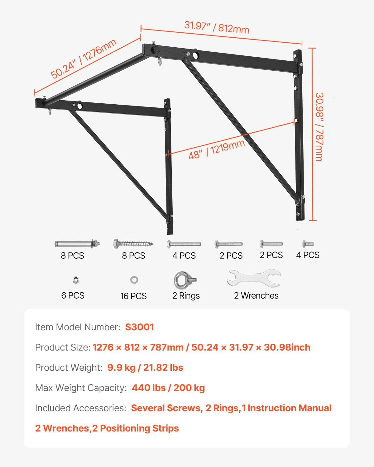Pull Up Bar Wall Mounted Heavy Duty Chin Up Bars for Home Gym, Adjustable Depth 22/30 Inches, 440LBS Carbon Steel Frame, 50-Inch Width, 1.25-Inch Anti-Slip Handle, Compatible with Ab Straps Gym Rings