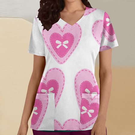 

Christmas on Sales Clearance! Qiaocaity Women Scrub Tops Women s Fashion Short Sleeve V-Neck Tops Working Uniform Happy Valentine s Day Printing With Pocket Blouse Tops Hot Pink XL