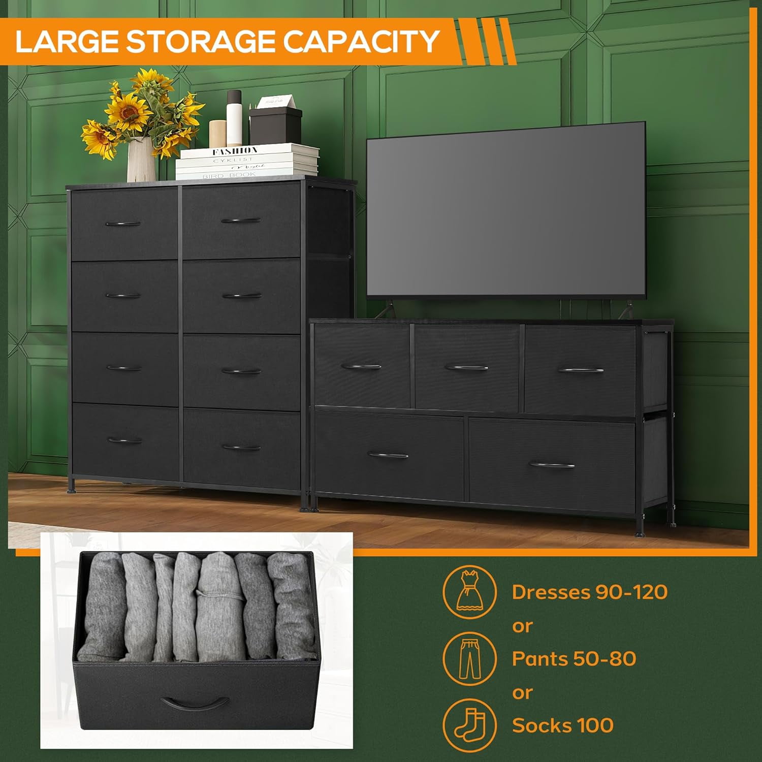 8 Drawer Dresser, Tall Chest Of Drawers Nightstand Storage Tower Storage Dresser Fabric Dresser With Wood Top for Living Room, Bedroom, Hallway, , Black