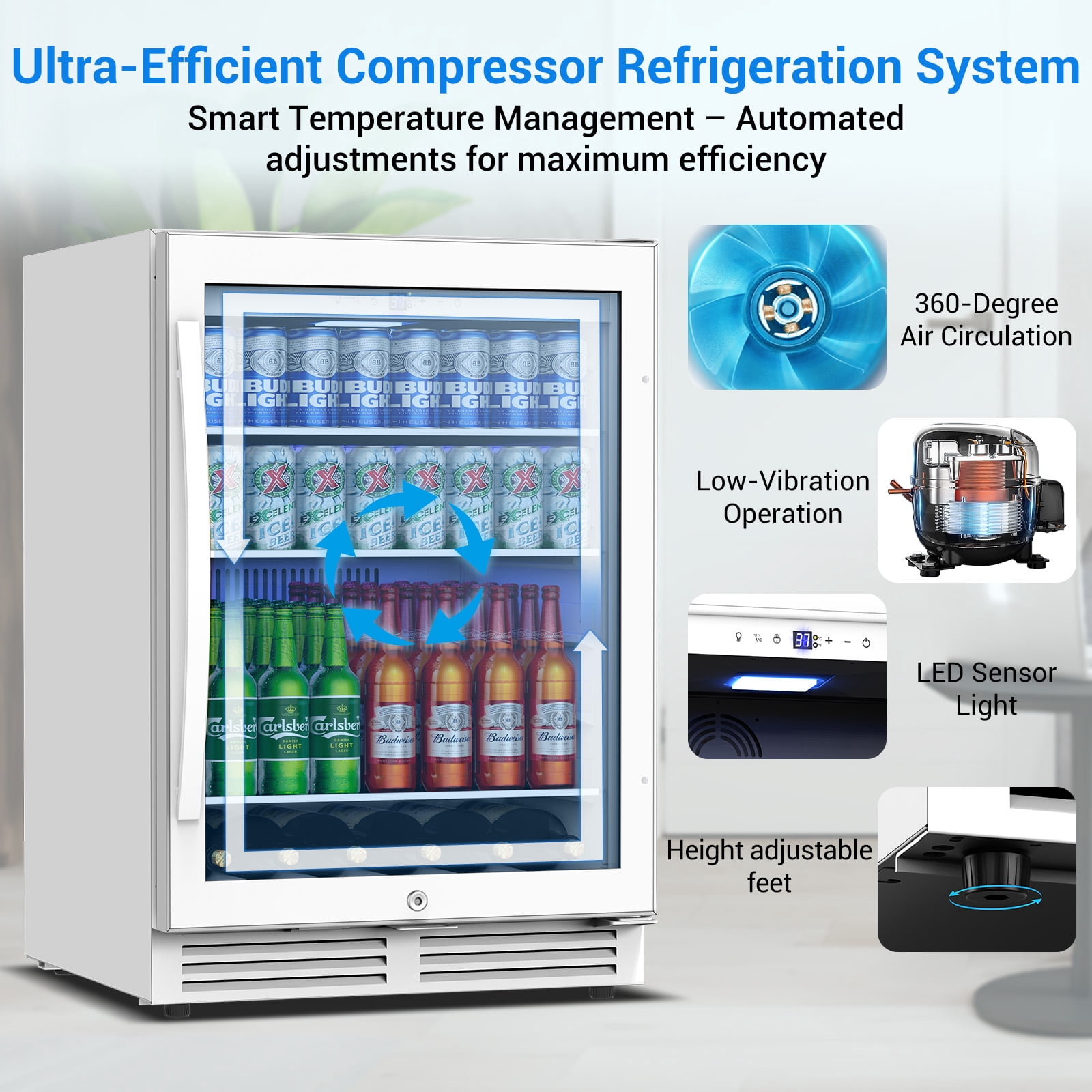TITTLA 24 inch Beverage Refrigerator Cooler,190 Can Beverage Wine Cooler Under Counter,White