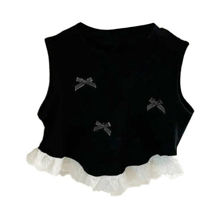 CAIVO Summer Fall Girls Bow Short Vests Style Baby Lace Patchwork Sleeveless Tops Trend Leisure Toddler Child Daily Wear