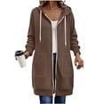 thumbnail image 2 of Xaqiouau Womens Solid Color Athleisure Coat Polyester Blend Relaxed Full Zip Drawstring Hooded Longline Sweatshirt Stitched Exterior Pocket Fall Winter Outerwear Brown S, 2 of 7