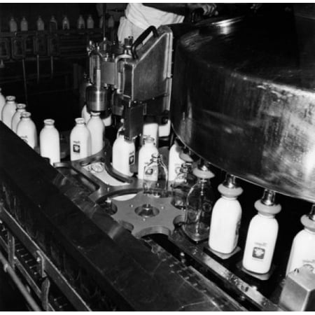 Milk bottles on a conveyor belt at a bottling plant Canvas Art - (24 x 36)
