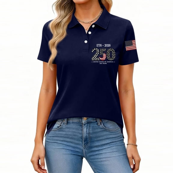 Trgacdwlo 1776-2026 250th Anniversary USA Womens Polo Shirts Patriotic Short Sleeve Golf Polo Shirt Women Tunic Shirt Blue XXXL