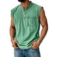 thumbnail image 2 of LISTHA Mens Tank Tops Summer Button Casual Sleeveless Distressed Washed Polo Shirt Solid Gym Workout T-Shirt with Pocket XL Green, 2 of 5