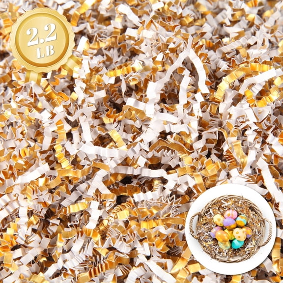 ZUVYRO 2.2 lbs Crinkle Cut Filler, White‑Gold Fluffy Shredded Paper for Gift Baskets, Gift Wrapping for Birthday, Christmas, Wedding & All Occasions