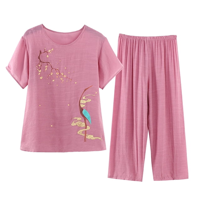 Birdeem Blouses pour Femmes Ensemble Estival Décontracté Imprimé à Manches Courtes Col Rond Haut Pantalon Tailleur Mince Usé Extérieur Tenue d'Intérieur