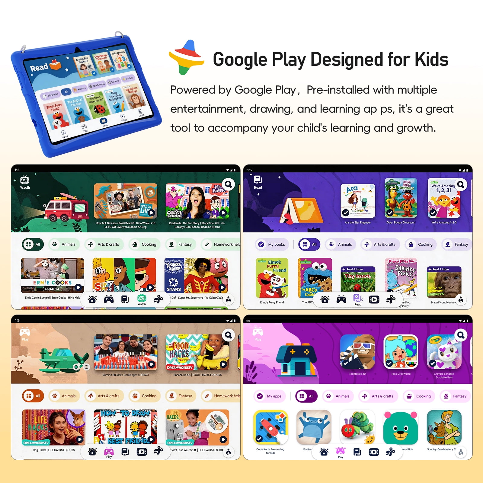 Doundy 10.1" Android 15 Kids Tablet, 6GB+64GB & Dual Camera Tablet for Kid, 6000mAh，Parent Control, Child Education Tablet with Wilanyard(Blue)