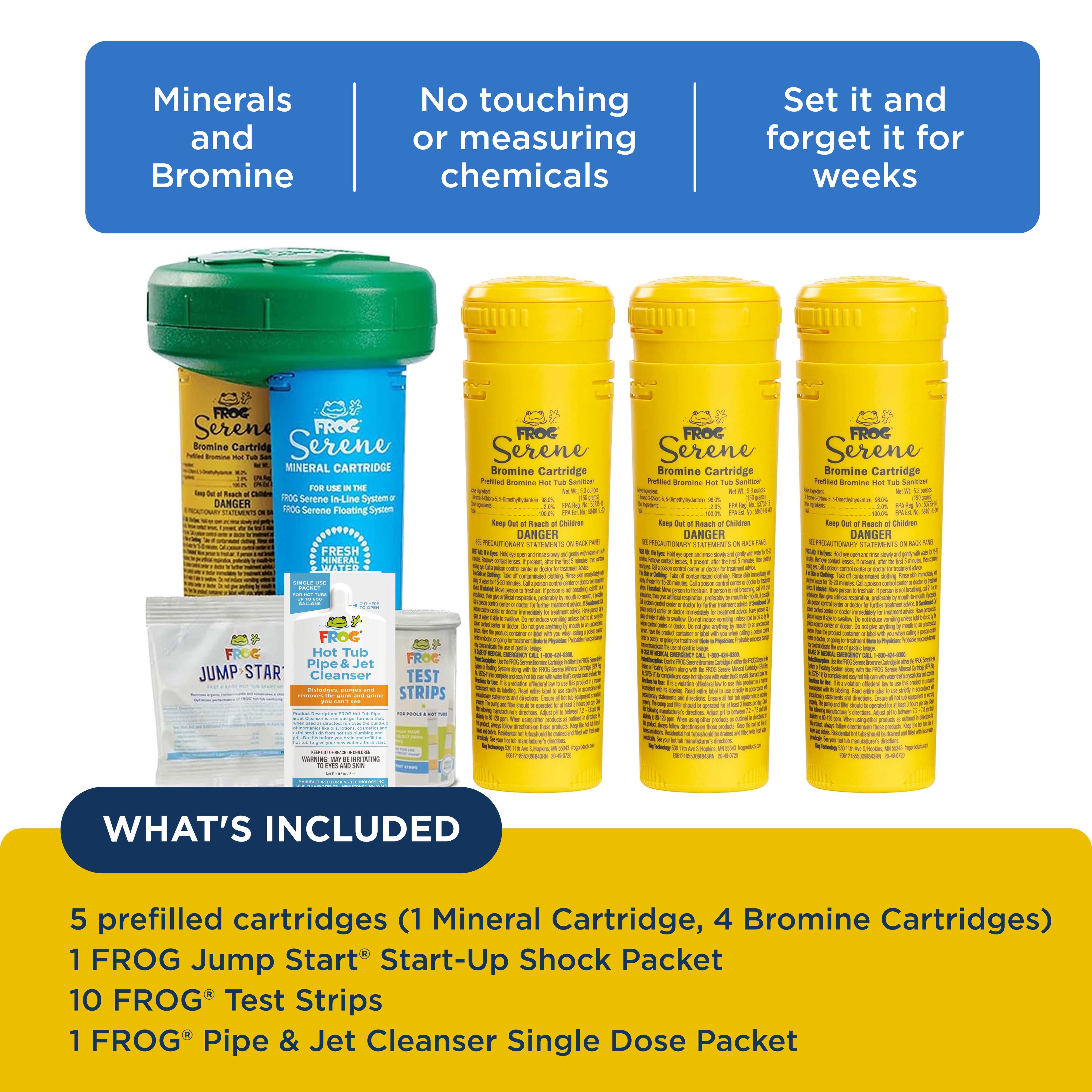 FROG Serene Floating System and Pipe & Jet Cleanser for Hot Tubs - Prefilled Hot Tub Sanitizer and Deep Clean Purge - Sanitizing Minerals & Bromine - 4 Month Fresh Start Bundle