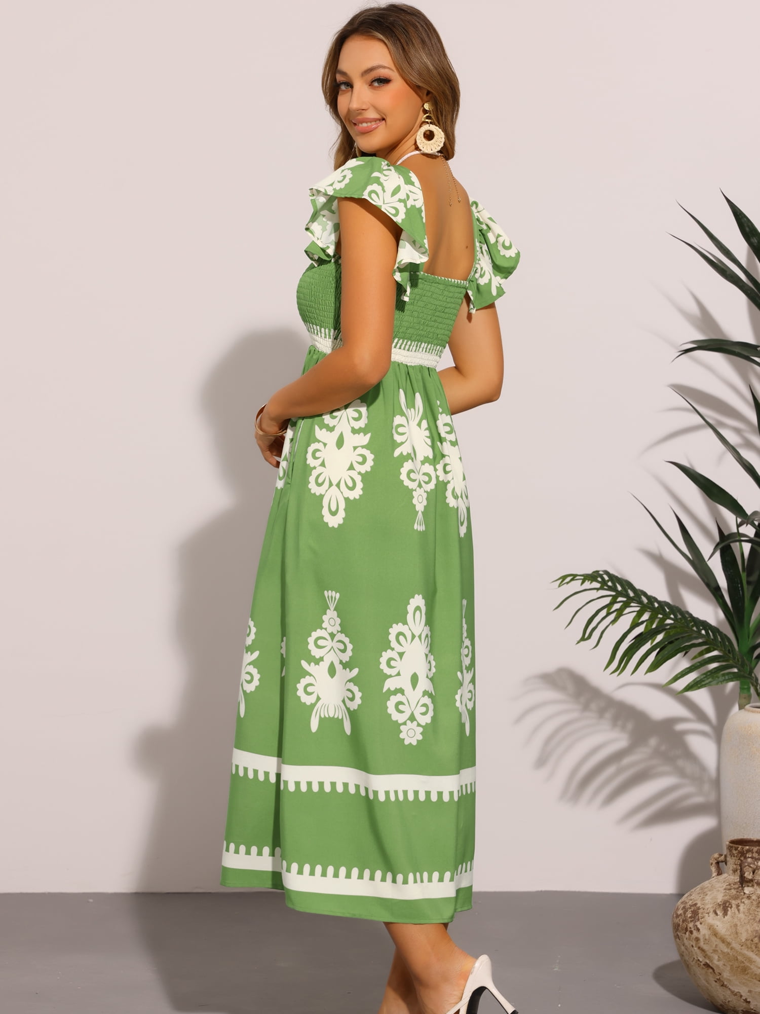DARING DIVA Square Neck Flutter Sleeve Smocked Flowy Maxi Boho Dress M Green