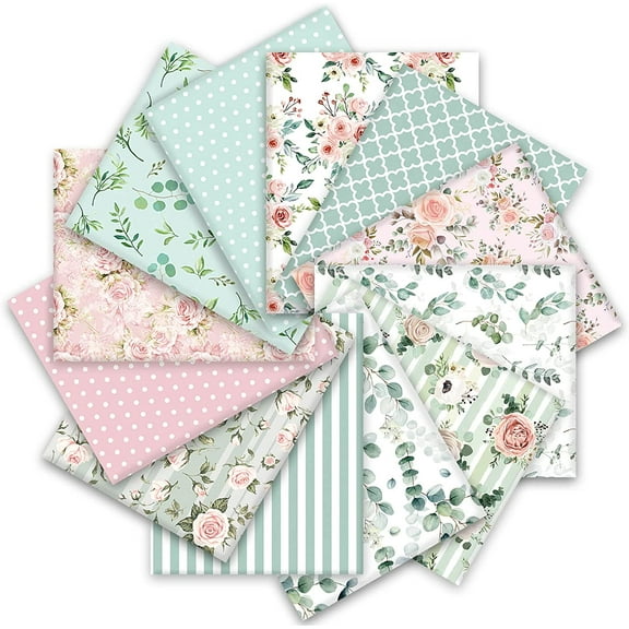 12Pcs Spring Cotton Fabric Bundles 18 x 22 Inch Floral Greenery Printed Fat Quarters Pink Green Retro Quilting Patchwork Squares Sewing Fabrics for DIY Handmade Crafting Home Party Decor