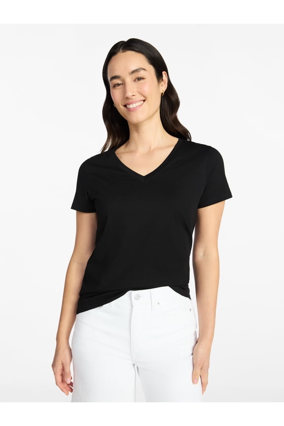 Women's Cotton V-Neck Tee with Short Sleeves, Sizes XS-4X