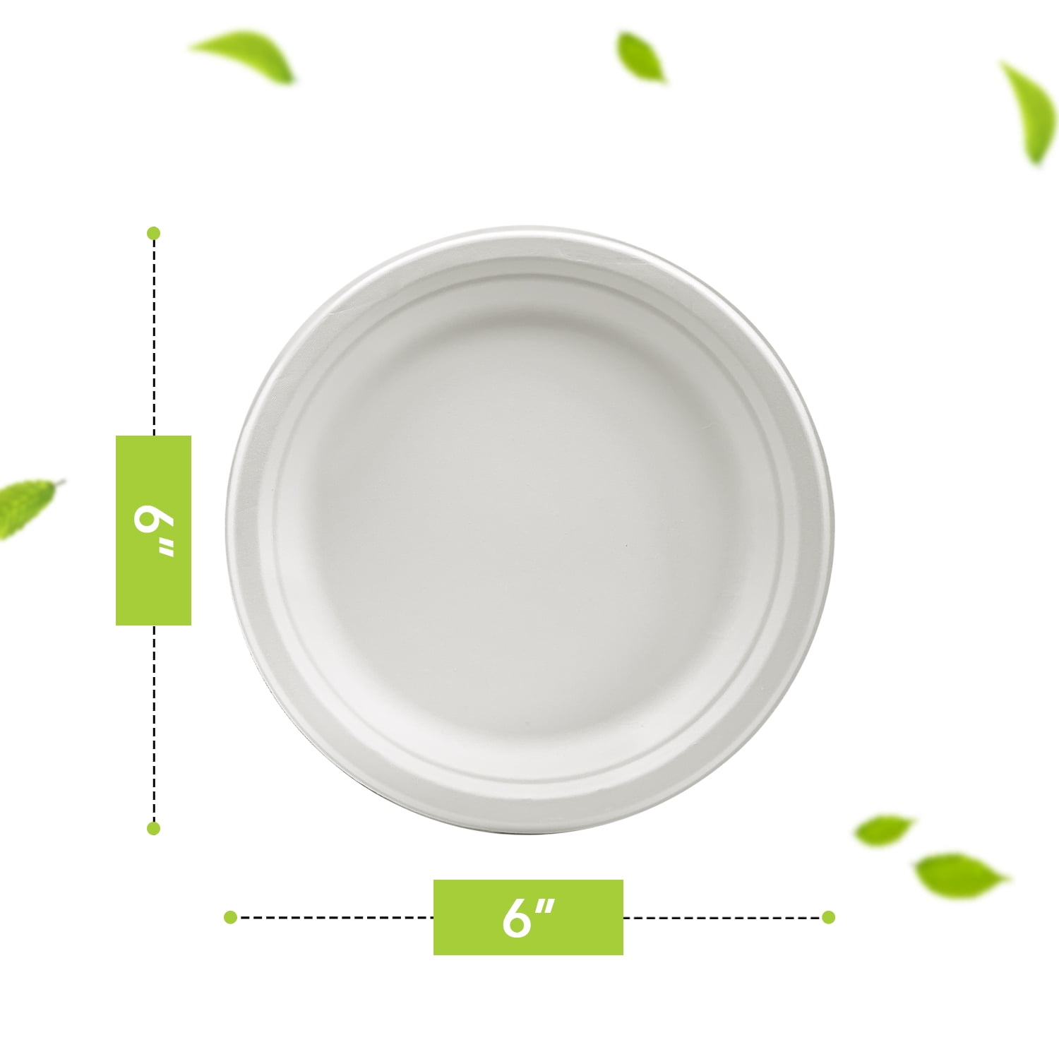 Three Leaf 6" Bagasse Round Disposable Plates 1000 Ct Heavy-Duty Eco-Friendly Biodegradable Compostable White Sugarcane Plates for Parties Catering BBQ and Events
