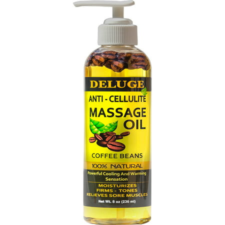 DELUGE - ANTI-CELLULITE MASSAGE OIL - With COFFEE BEANS - Targets Unwanted Fat Tissue and Cellulite, Firms, Tightens, Tones, Relieves Sore Muscles, Moisturizes -100% Natural. Net Wt. 8 (Best Anti Cellulite Oil)