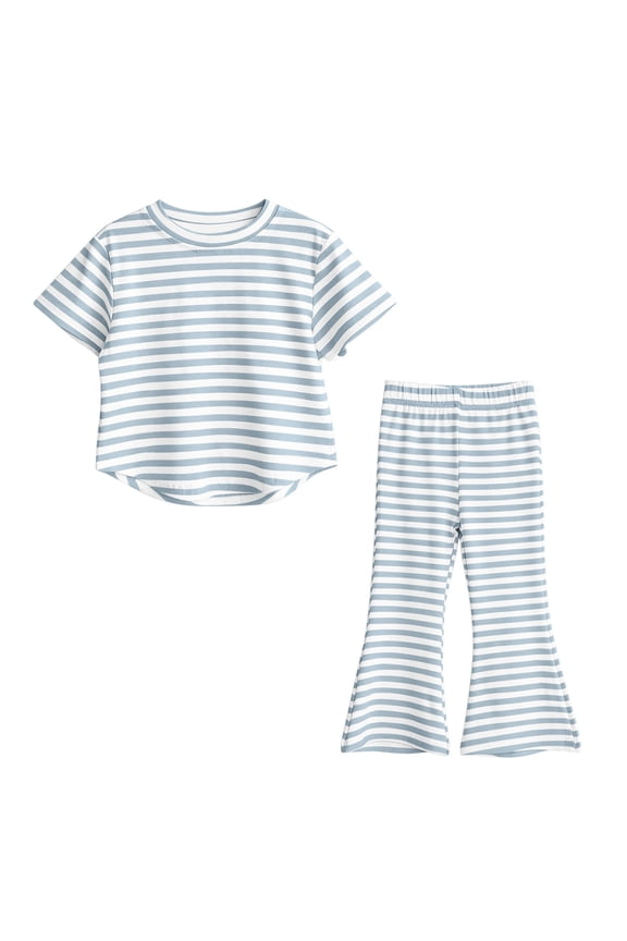 Girls 2-Piece Outfits Short Sleeve Crewneck Striped Top and Flared Pants Kids Summer Lounge Clothing Set 1-9 Years