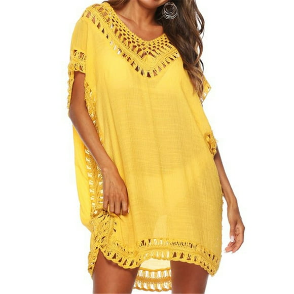 Vestido de playa con encaje, crochet hueco, cubierta para mujer, traje de baño, traje de baño, amarillo seitruly AP002503-04