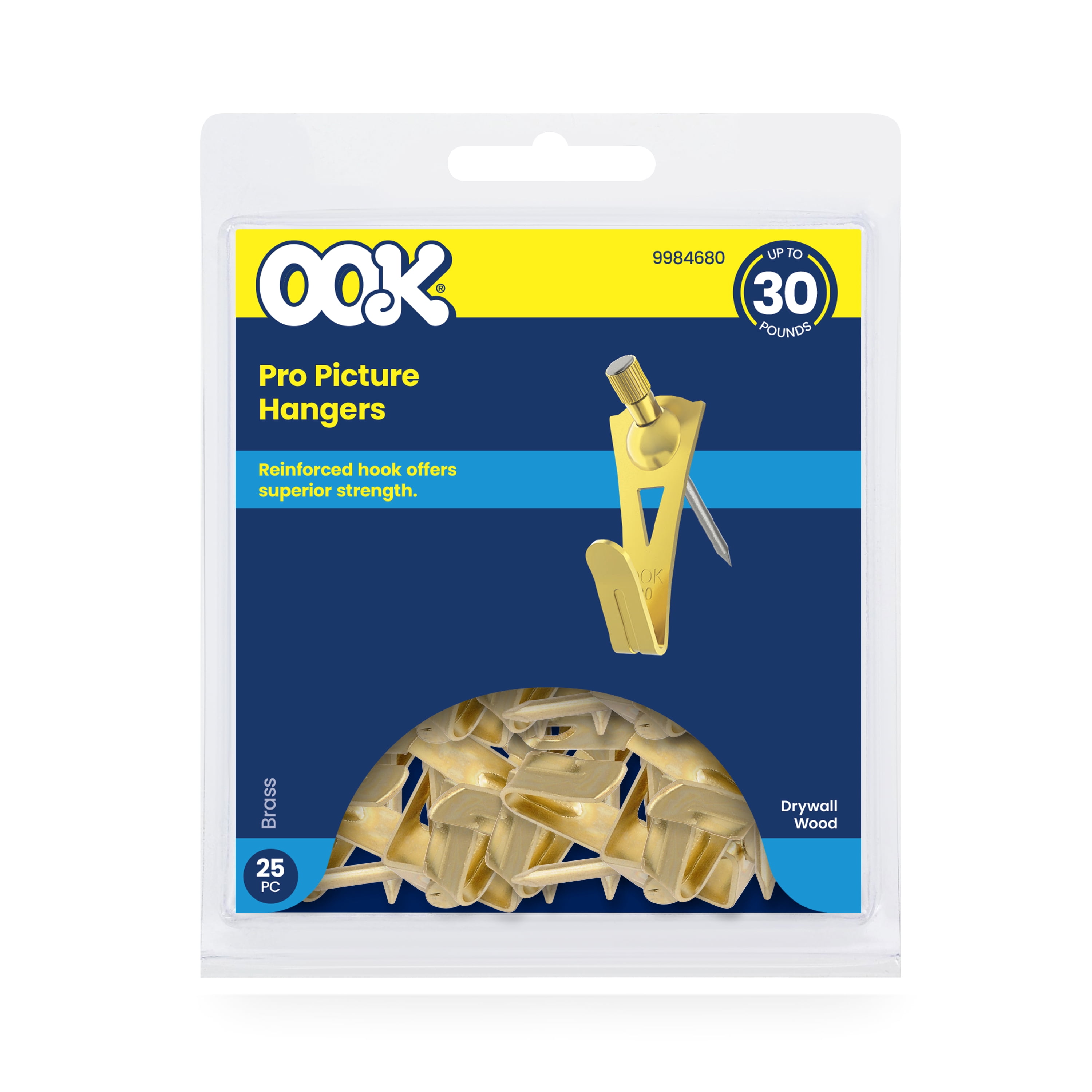 (2 pack) Ook Professional Picture Hangers, 30 lbs, Steel, for Drywall Wood, Brass, Gold, 25 pack