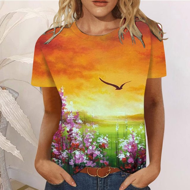 SMihono Hauts pour Femmes Été Décontracté Mode Imprimé Col Rond Manches Courtes Ample T-shirt Blouse Chandail Oversize T-shirt pour Femmes