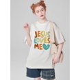 thumbnail image 1 of 1pc Vintage Style Women'S T-Shirt, "Jesus Loves Me" Geometric-Pattern Print, Polyester Crew Neck Short Sleeve Top, Summer Casual Knit Fabric Tee, 1 of 6
