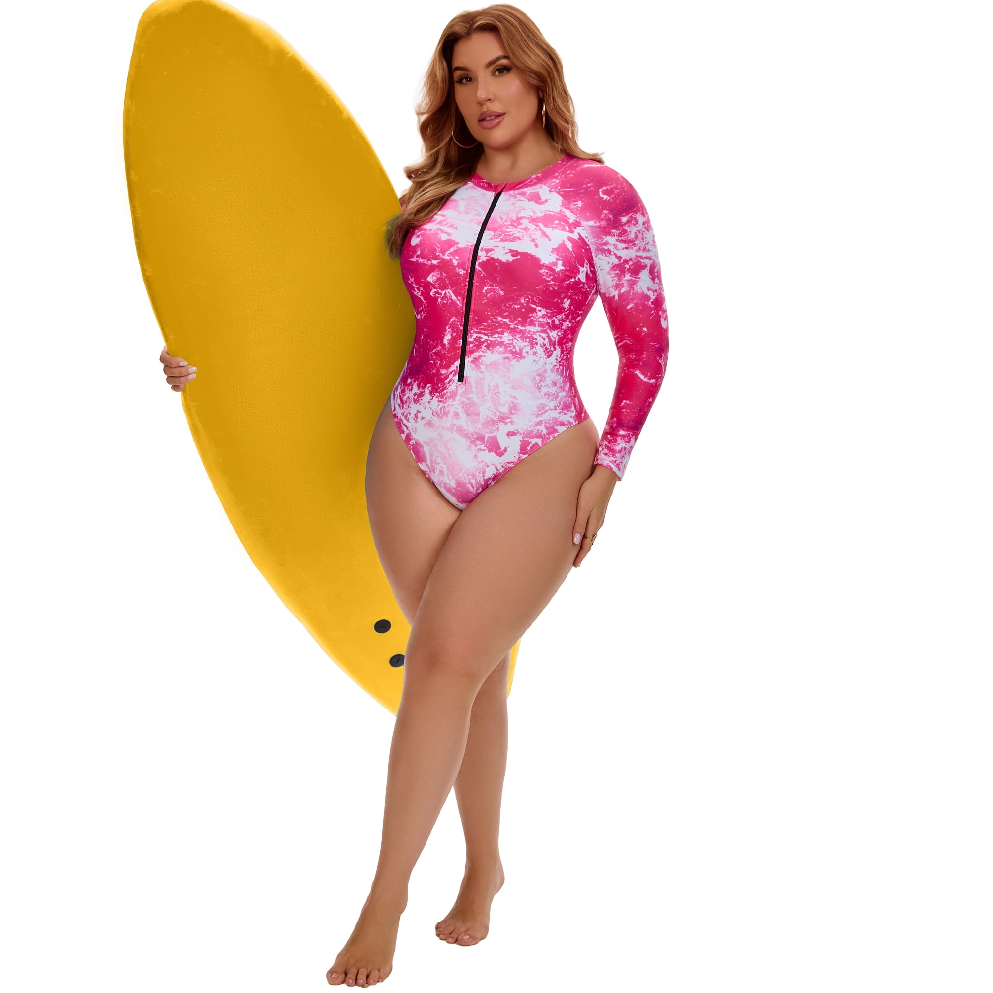 DARING DIVA Women's Plus 1 Piece Surfing Long Sleeve Swimwear L Hot Pink