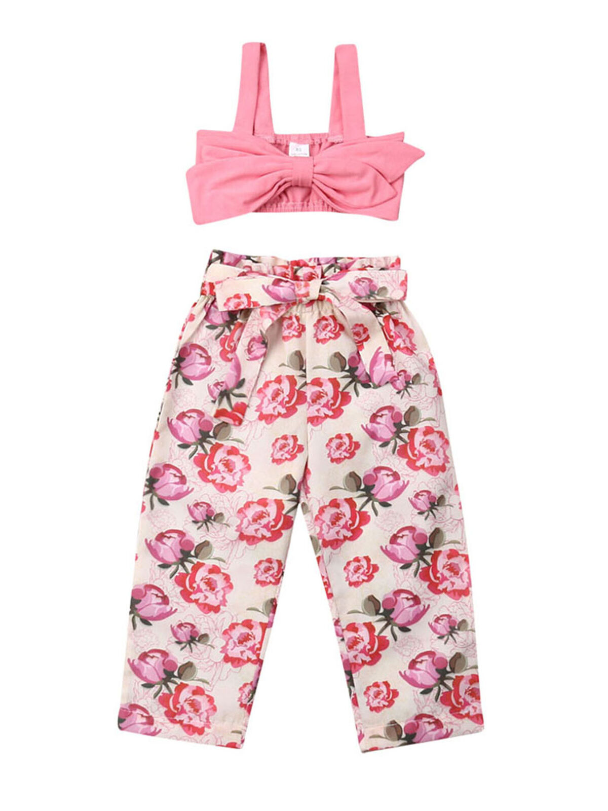 Toddler Baby Girls Ruffle Strap Crop Tops+Bowknot Floral Long Pants Outfits Clothes Two Piece Set