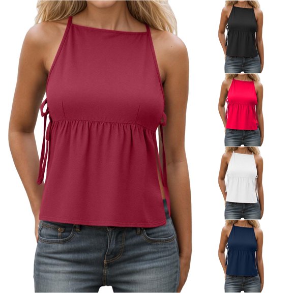 Rggeeun Women Tank Tops Flowy Vest Halter Top Plus Size Solid Color With Adjustable Thin Strap Backless Loose Fit For Summer Everyday Use Simple Sleeveless,Red,L