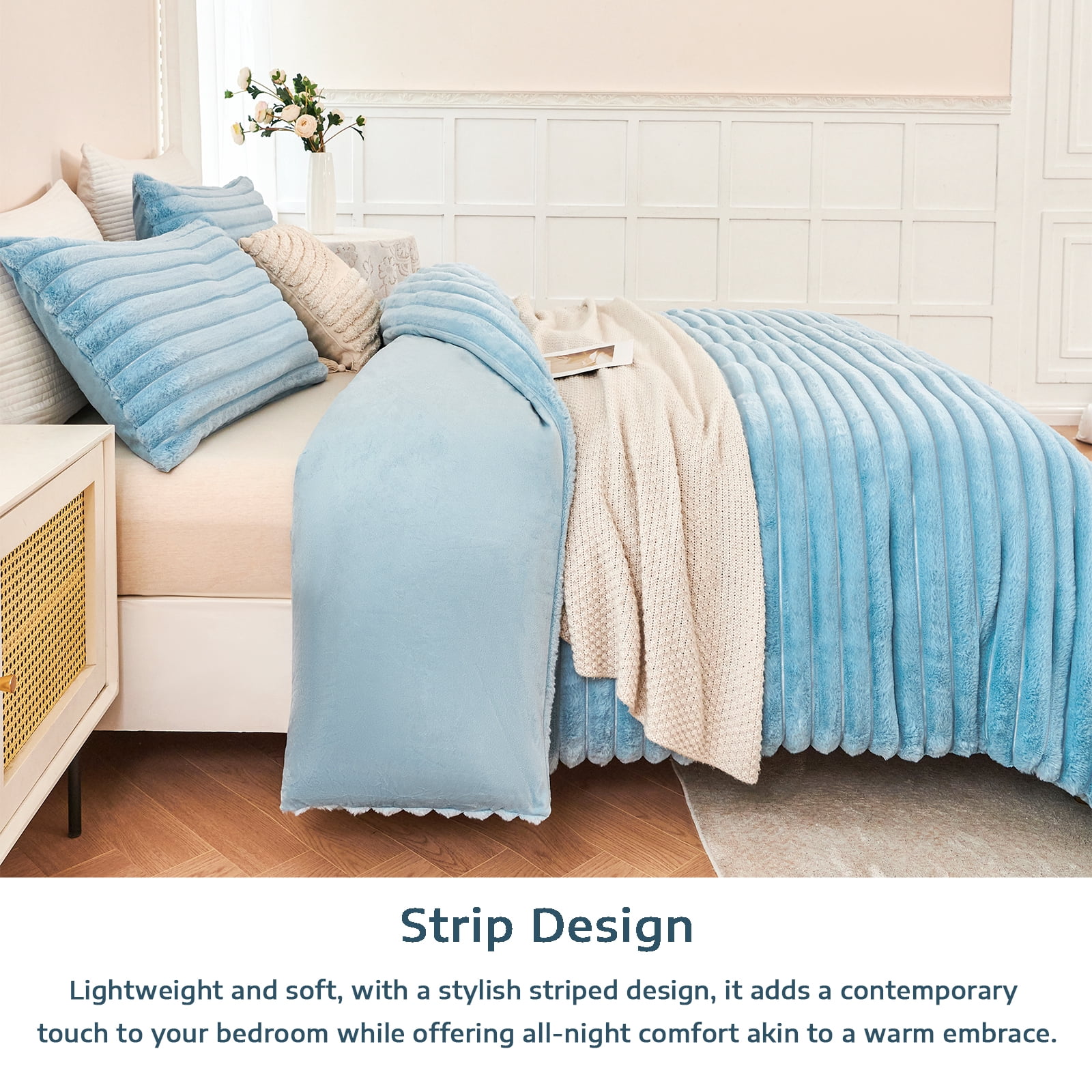 ZRNBAST Luxury Fluffy Fuzzy Queen Comforter Set 3 Pieces Light Blue Plush Fleece Comforter Bedding Set Heavy Faux Fur Comforter with 2 Pillowcases(Light Blue,Queen)