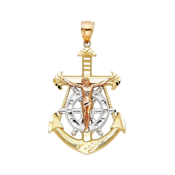 14K Tri Color Gold Jesus Crucifix Anchor Religious Pendant | 3C Gold Charm Pendant for Necklace Chain | Jewelry Gift for Men Women | 40 x 25 MM | 3.7 grams