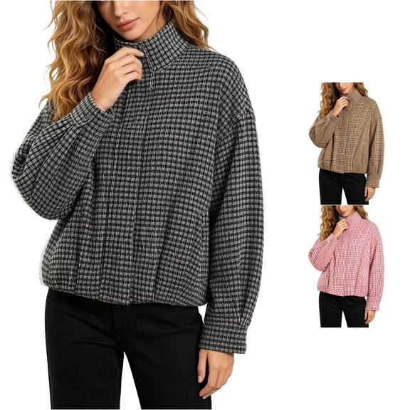 Norvella Womens Funnel Neck Jacket Gingham Print Hidden Zip Front Long Sleeve Side Pockets Relaxed Fit Casual Bomber Coat