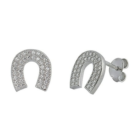 Animal Tiny Studded Horseshoe Lucky Clear CZ .925 Sterling Silver Earrings Jewelry Female