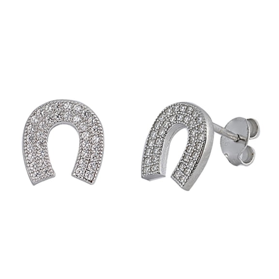 Animal Tiny Studded Horseshoe Lucky Clear CZ .925 Sterling Silver Earrings Jewelry Female