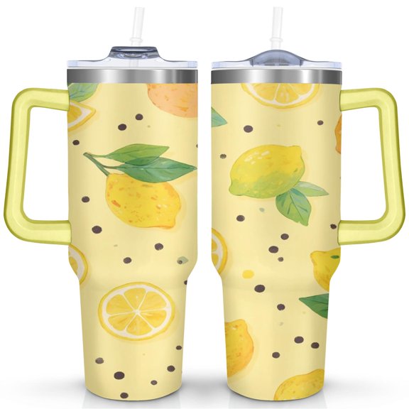 Lemon Tumbler with Handle and Straws 40 OZ Stainless Steel Travel Cup Birthday Present for Men Dad Son Husband Gifts for Him/Her Water Bottle