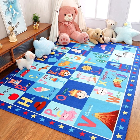 TWINNIS Large Alphabet Activity Playmat for Toddlers, Soft Velvet, 3x5 Feet, Blue