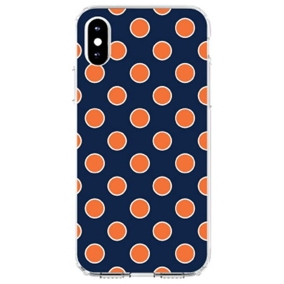 DistinctInk Clear Shockproof Hybrid Case for iPhone X / XS (5.8" Screen) - TPU Bumper, Acrylic Back, Tempered Glass Screen Protector - Navy Orange White Polka Dots