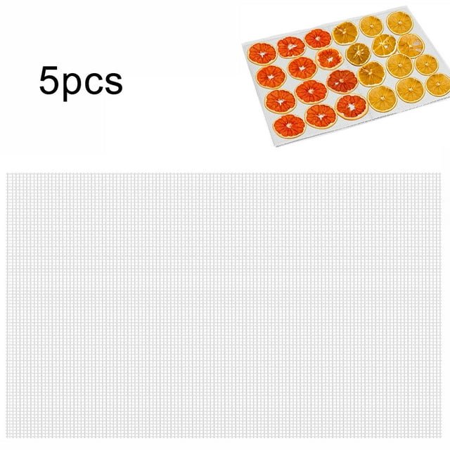 Silicone Dehydrator Sheets, a set of 5 non-stick, reusable food dehydrator sheets made of BPA-free silicone rubber. Designed for use in rectangular digital dehydrators, these 29cm x 37cm mesh sheets are ideal for drying fruits, vegetables, and other foods. Easy to clean, dishwasher safe, and suitable as a kitchen appliance accessory.