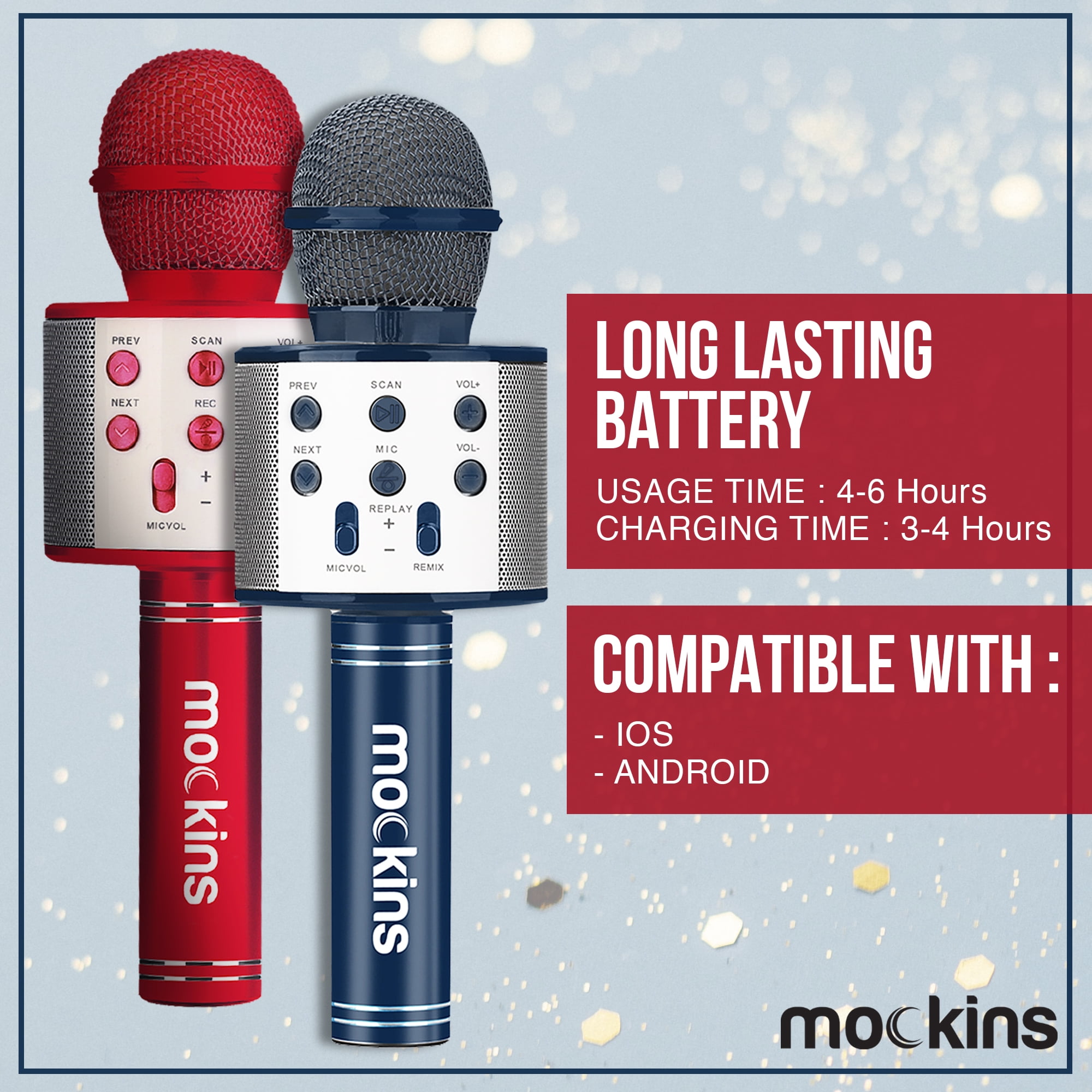 Mockins Navy & Red Karaoke Microphones with Bluetooth Speakers | Portable - Compatible with Android and IOS Devices | 2-Pack