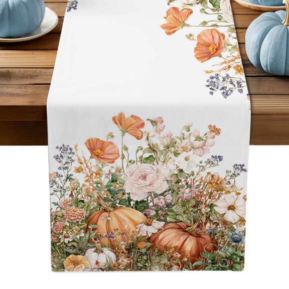 ERUNPONLY Thanksgiving Fall Table Runner - 72 Inch Long Autumn Botanical Pumpkins Floral Cotton and Linen Blended Dress Scarves Farmhouse Table Runner for Kitchen Dining, Coffee Table, 14" x 72"