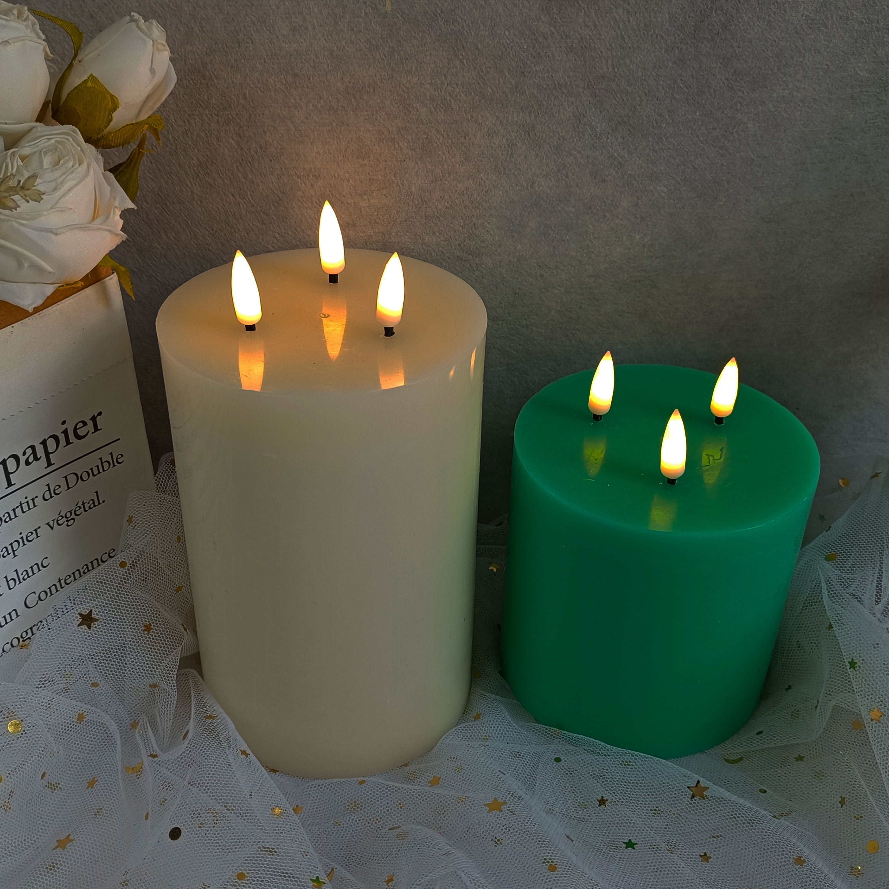 Flameless Candles with 3 Wicks, Battery Operated Candles with Remote Control and Timers, 6 inch Diameter LED Pillar Candles, Real Wax, Ivory