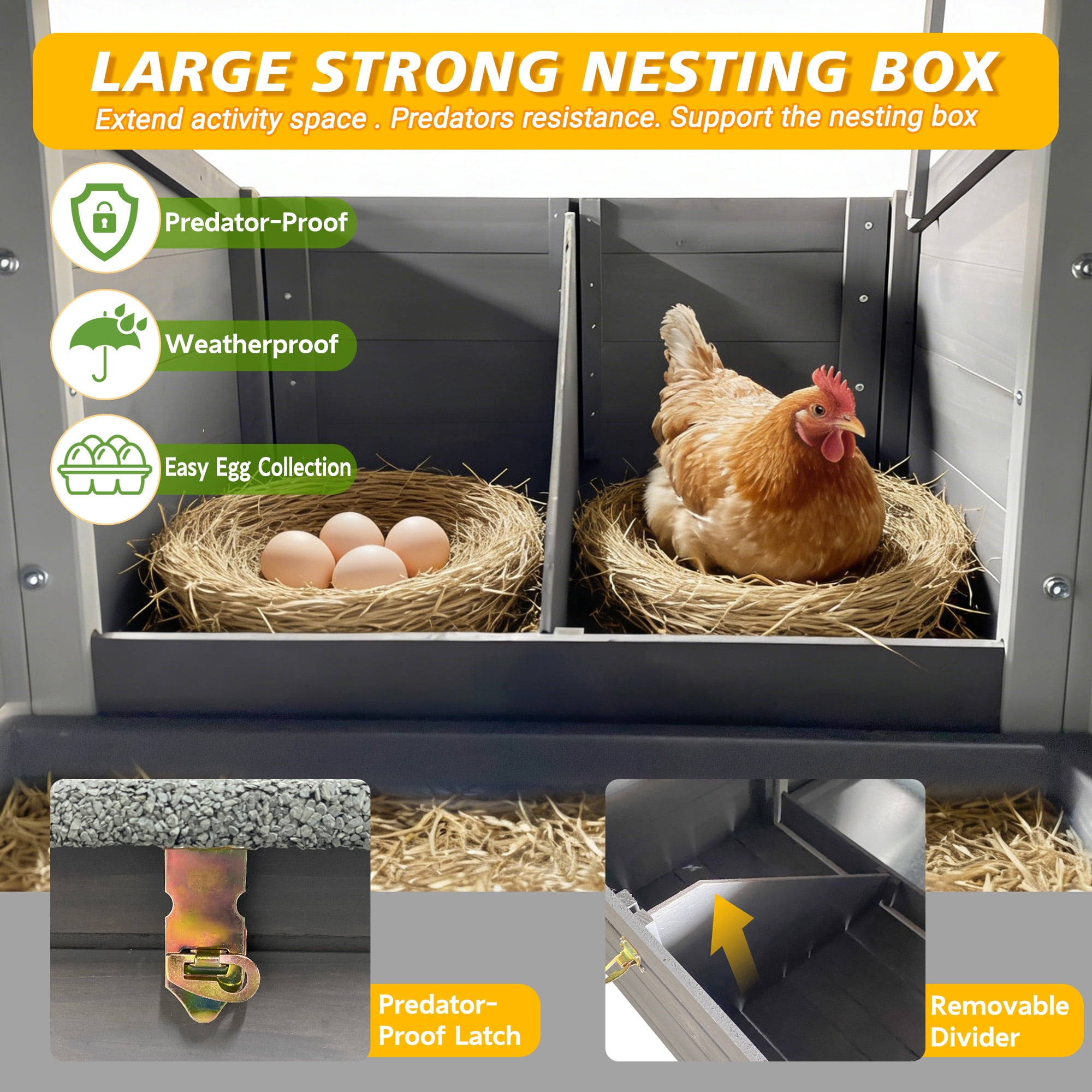Outdoor Free-Range Wooden Chicken Coop with Asphalt Roof, Pull-Out Tray, Nesting Box with Easy Access, Front & Side Doors with Metal Latches