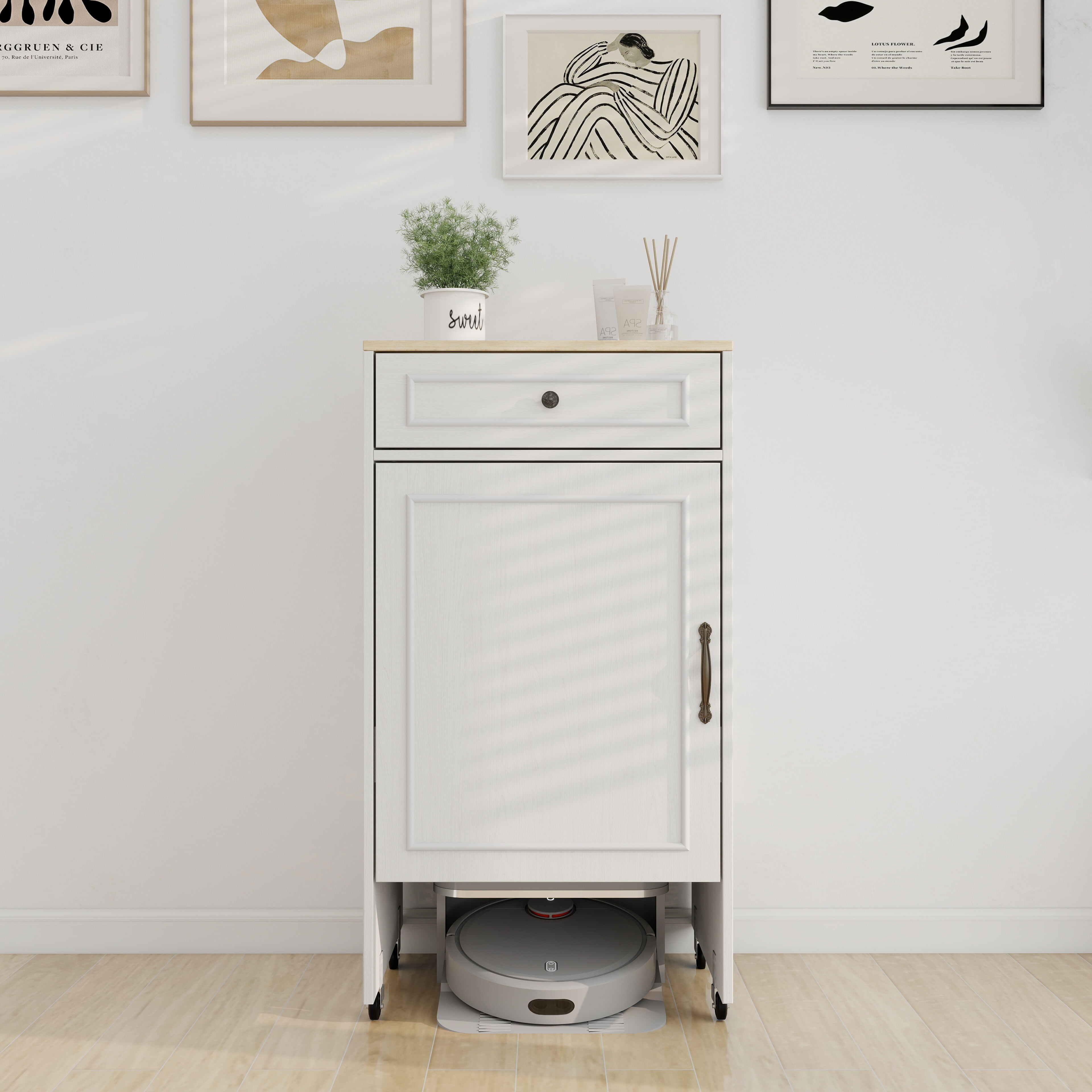 Living Room Cabinets Robot Vacuum Stand Cabinet with Wheels, Sweeping Robot Storage Rack with Doors and Drawers, Side Table for Living Room, Home Office, Kitchen-Antique White,Primary Living Space Ca
