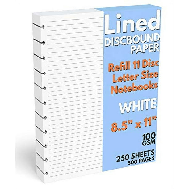 Papel rayado carta p/encuadernación de discos, 250 hojas (500 págs.), 8.5x11, 100 GSM, cuadernos 11 discos