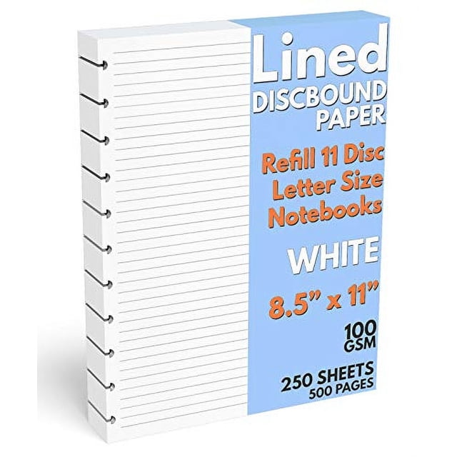 Papel rayado carta p/encuadernación de discos, 250 hojas (500 págs.), 8.5x11, 100 GSM, cuadernos 11 discos
