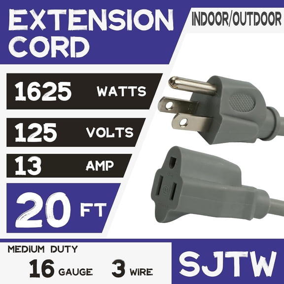 OTGFRF-Heavy Duty Outdoor Extension Cord Waterproof - 20 Ft Extension Cords with 3 Prong Grounded Plug, 16/3 SJTW 13A 1625W Gray Extension Cable for Lawn, Garden, Appliances, Lights