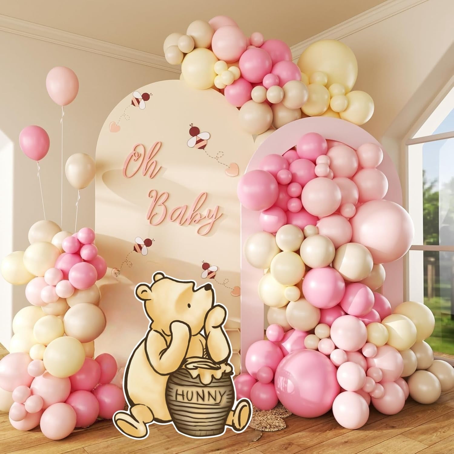 Classic Winnie Cutouts and Pink Balloons Arch Kit Set For Girl Pastel Balloons for Pooh Baby Shower Decorations Birthday Party Supplies