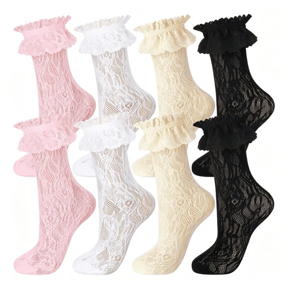 OQRKI Women'S Lace Ruffle Frilly Ankle Socks Lace Material Ruffle Socks Women (4 Pairs)