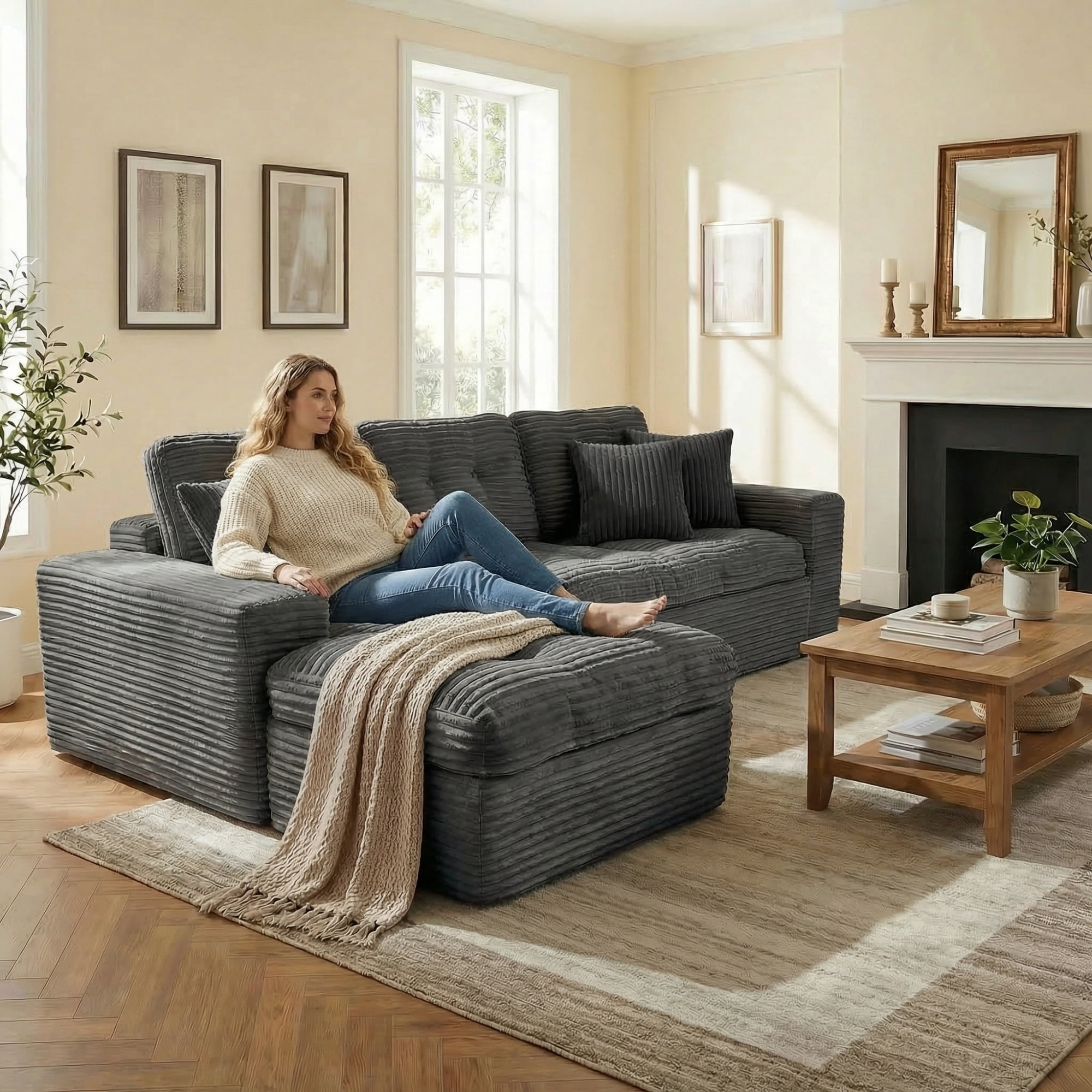 Modular L-Shaped Sectional Sofa with Ottoman, 105'' Cloud Sofa Set, 3-Seat Modular Sofa Couch for Living Room, DIY Combination