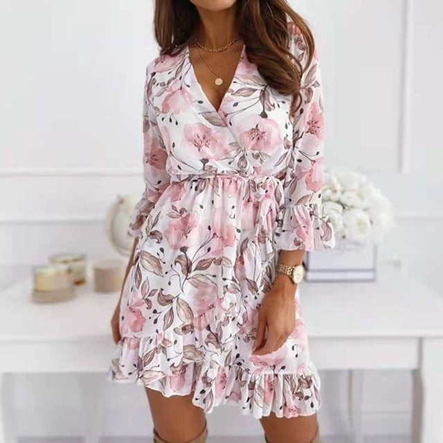 FcBaudy Robe à Manches Longues Col en V, Robes d'Été pour Femmes, Robes de Mode pour Femmes Col en V Imprimé Robe à Manches Longues Robe pour Femmes