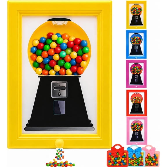 Candy Machine Picture Frame Dispenser, Gumball Machine, Hang on Wall, Wall Mounted Dispenser Picture Photo, Birthday and Holiday Gifts (Yellow)