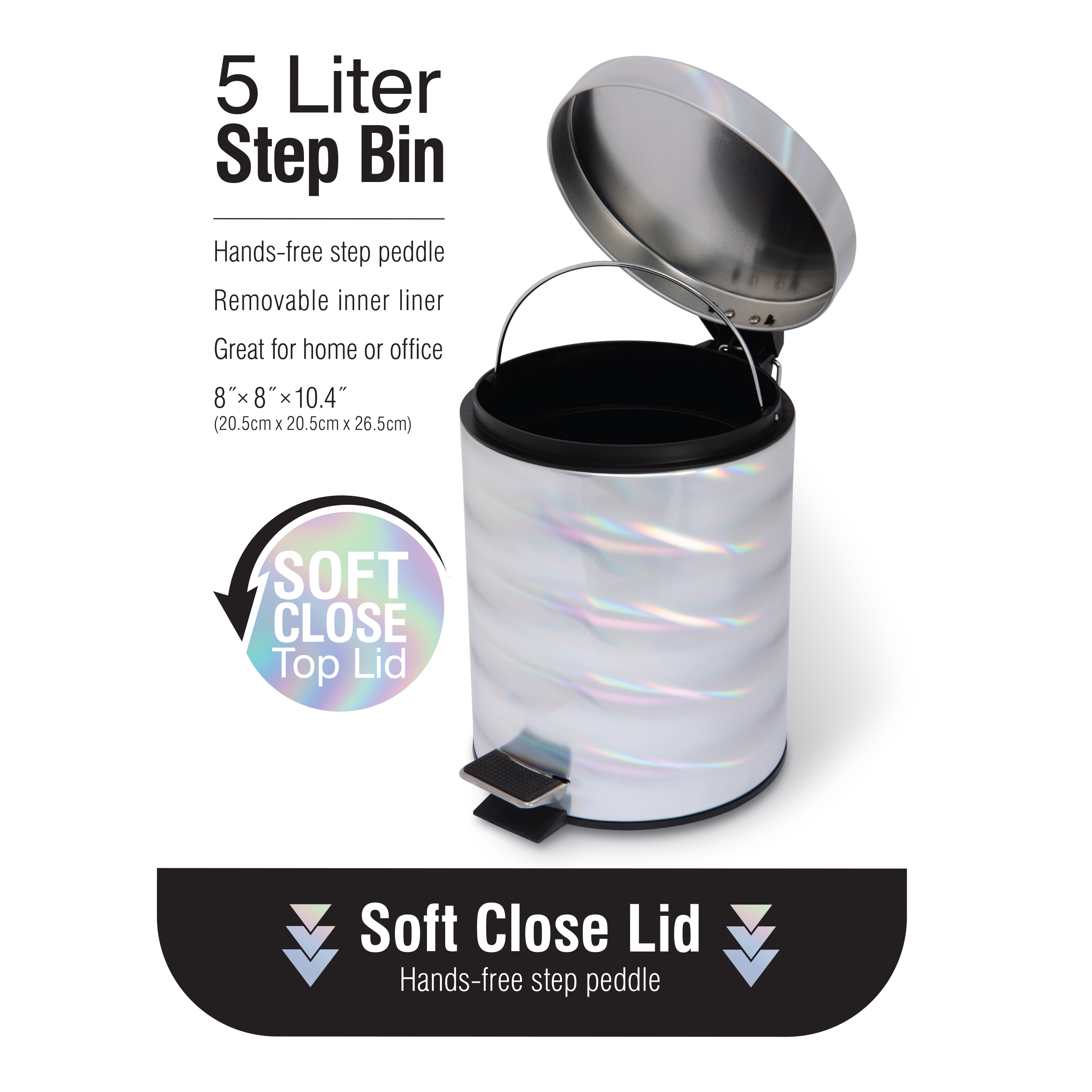 Bath Bliss 2 Pack Holographic Round Plastic Step Pedal Bathroom Trash Can
